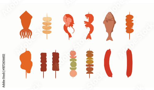Flat vector set of skewered street seafood and meat snacks including squid, shrimp, chicken, and beef