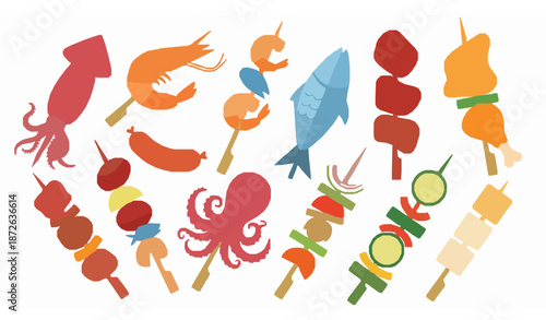 Cartoon vector set of skewered street seafood and meat snacks, including squid, shrimp, chicken, beef, and vegetables