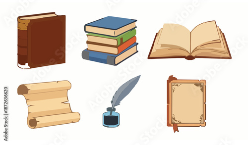 Flat vector set of old hardcover books, scrolls, and quills with vintage manuscripts illustration