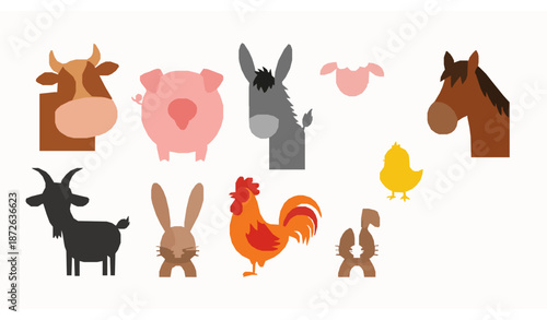Minimalist cartoon farm animals vector set with cow, pig, sheep, horse, donkey, goat, chick, rooster, rabbit, and duck illustrations