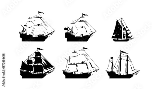Flat vector set of old wooden sailing ships with galleon, pirate ship, schooner, and brigantine illustrations