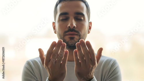 Man Praying with Hands Together Calmly.