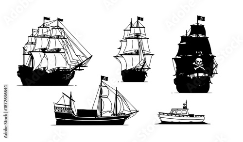Minimalist vector set of historic wooden ships with galleon, pirate, trading, tall, and coastal vessels