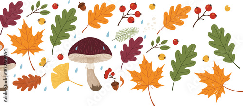 Autumn forest elements vector set with colorful fall leaves, mushrooms, berries, raindrops, and seasonal botanical illustration
