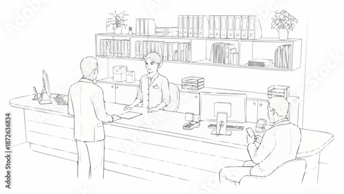 Business office reception desk with people interacting.