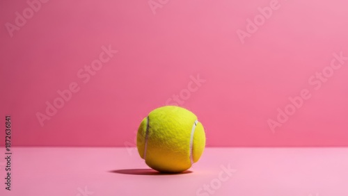 A tennis ball sits centered against a solid pink backdrop, casting a subtle shadow