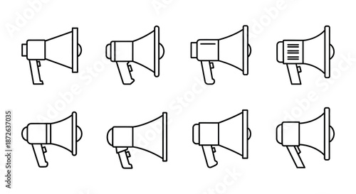 A collection of simple black and white line art illustrations depicting various megaphone designs