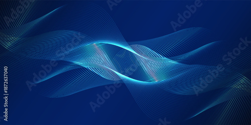 Abstract blue background featuring flowing wave lines with smooth curves and layered light effects.