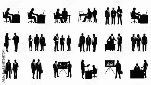 Business People Silhouettes in Various Office Scenarios.