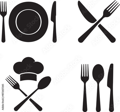 Collection of restaurant service icons featuring silverware and chef hat on transparent background