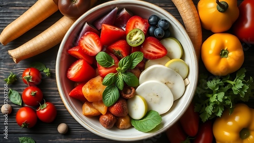 A ceramic bowl filled with fresh vegetables and fruits arranged for a healthy meal.