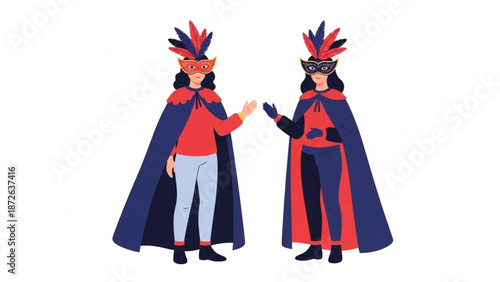 Two women in vibrant masquerade costumes with feathered masks and flowing capes