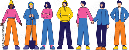 Colorful modern people vector illustration set featuring diverse young adults in casual streetwear fashion outfits