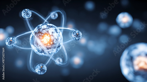 Atomic structure with central glowing nucleus and orbiting blue electron spheres 