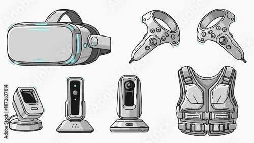 Various virtual reality devices and accessories displayed in a technical illustration