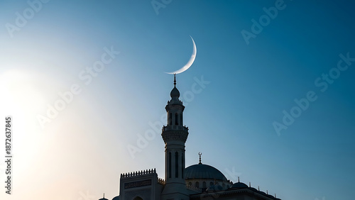 Mosque Minaret Silhouette with Crescent Moon.