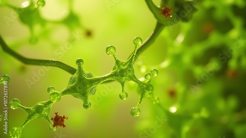 Microscopic view of green tea molecules activating cellular cleanup of neural debris, health-focused imagery.