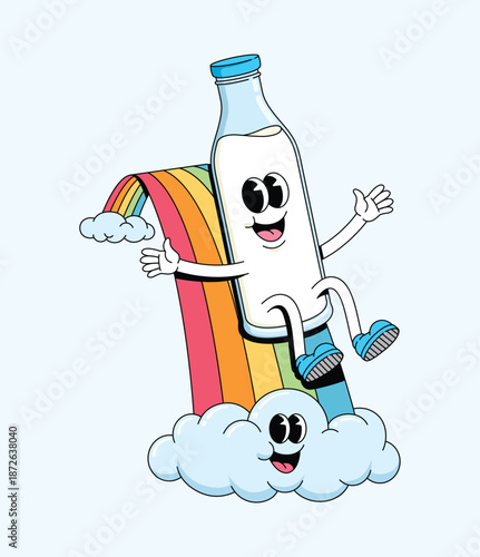 milk bottle slide rainbow character groovy cartoon illustration