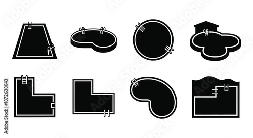 Illustrative designs showcasing various shaped swimming pools with ladders presented in black and white