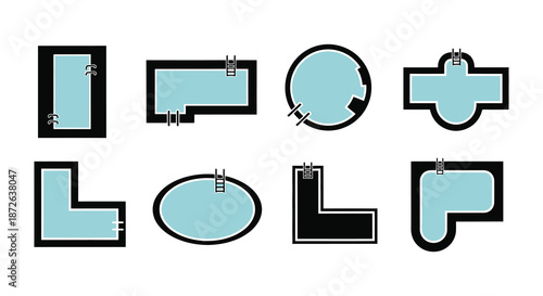 A collection of various swimming pool shapes illustrated in a light blue and black color scheme