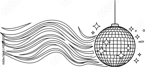 Outline drawing of a sparkling disco ball suspended by a line with an energetic wavy trail suitable for music festival posters and dance event flyers. on white background