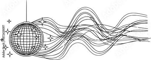 Outline drawing of a sparkling disco ball suspended by a line with an energetic wavy trail suitable for music festival posters and dance event flyers. on white background