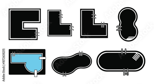 Various swimming pool shapes and designs are displayed in a black and white illustration