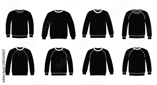 Illustrative collection of eight black and white sweater designs showing various styles and perspectives