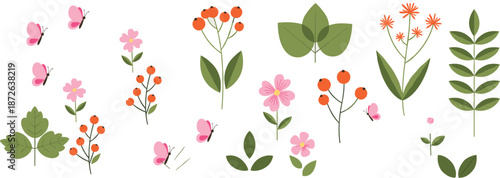 Cute botanical elements vector set with flowers, leaves, berries, and butterflies in soft pastel flat illustration style