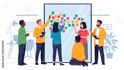 Diverse Group of Business Professionals Collaborating on a Creative Project Using Colorful Sticky Notes on a Large Glass Board in a Modern Office Workspace Area.