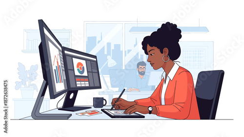 Professional Black woman graphic designer working in a modern office using dual monitors and a digital tablet for creative data visualization and design work.