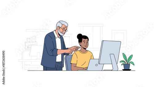 Senior male mentor teaching young female student on a computer in a modern office setting illustration, intergenerational learning and professional guidance.