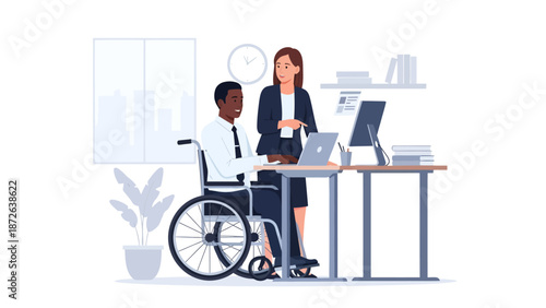 Diverse business colleagues working together in a modern office, featuring a black man in a wheelchair and a female coworker collaborating at a computer desk.