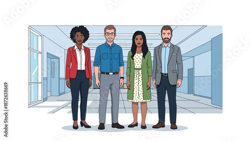 Diverse Group of Professional Business Colleagues Standing Together in a Modern Office Hallway Illustration for Corporate Teamwork and Workplace Diversity Concepts