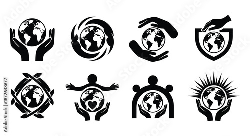 Diverse illustrations showcasing hands cradling the earth symbolizing care and global environmental protection