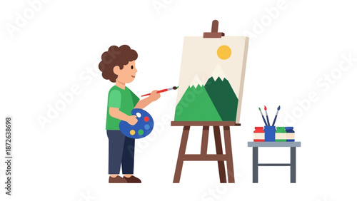 A cartoon boy painting a landscape on an easel with brushes and paints.