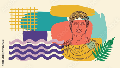 Ancient Greek or Roman Statue Illustration with Abstract Shapes and Leaves.