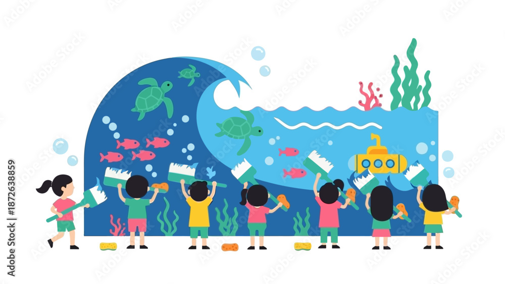 Obraz premium Children Cleaning Ocean Pollution Cartoon Illustration.