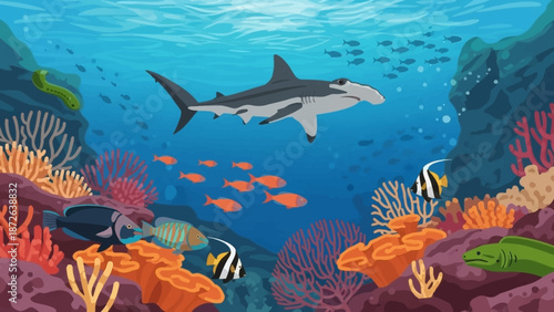 Underwater scene with shark and coral reef.