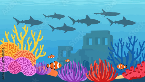 Underwater Scene with Coral Reef and Marine Life.