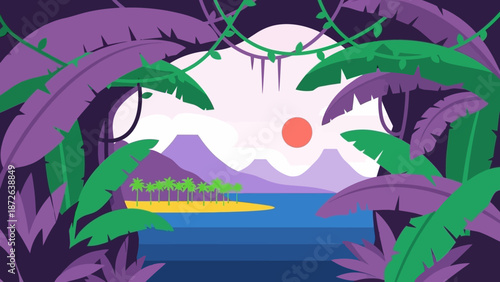 Tropical landscape with mountains and water under a full moon.