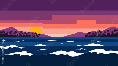 Serene ocean landscape at sunset with vibrant colors and waves.