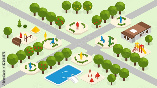 Vibrant Park Scene with Playground Equipment and Trees.