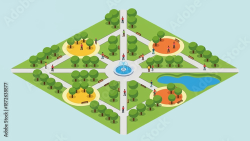 Aerial view of a serene park with walking paths and a pond.