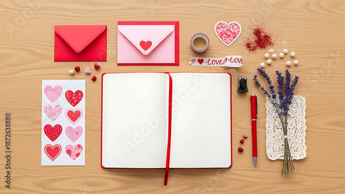 Open Diary with Stationery and Flowers.