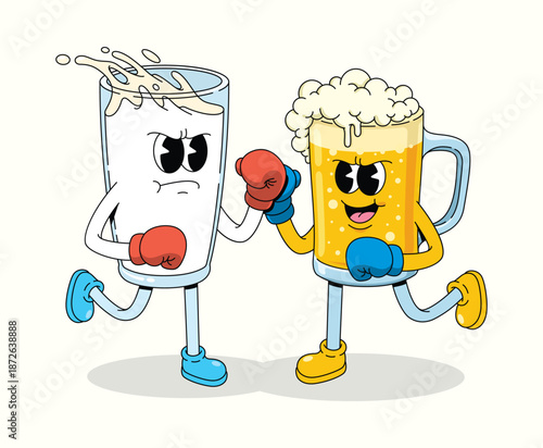 boxing milk vs beer character groovy cartoon illustration