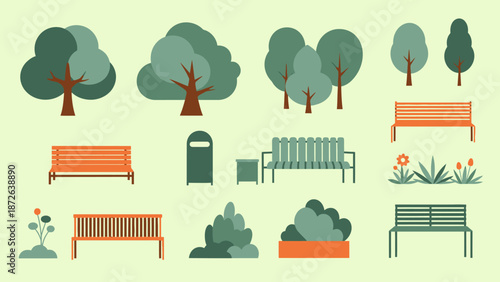 Collection of park elements including benches, trees, and waste bins in various designs.