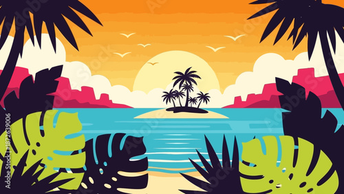 Tropical beach scene with palm trees and city skyline at sunset.
