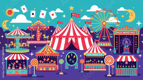 Vibrant carnival scene with tents and amusement rides under a starry night sky.