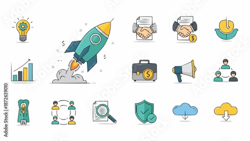 Business startup and growth icons collection rocket ship and handshake.